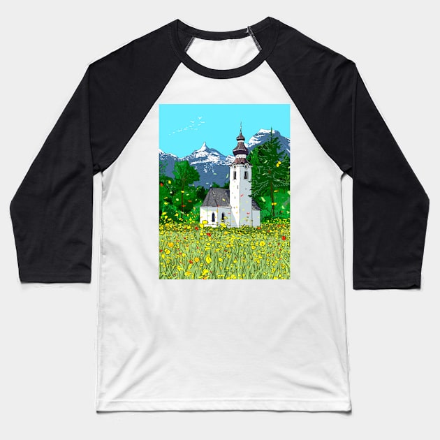 Gnadenwald Innsbruck Austria Landscape Illustration Baseball T-Shirt by Wall-Art-Sketch